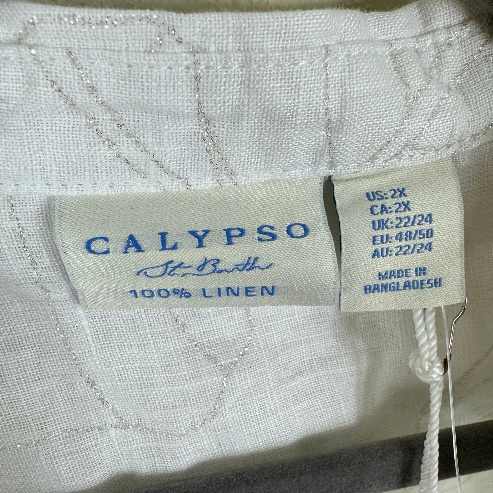 Calypso St. Barth NWT 100% Linen White Long Sleeve Silver Shimmer Button Up 2X - Image 5