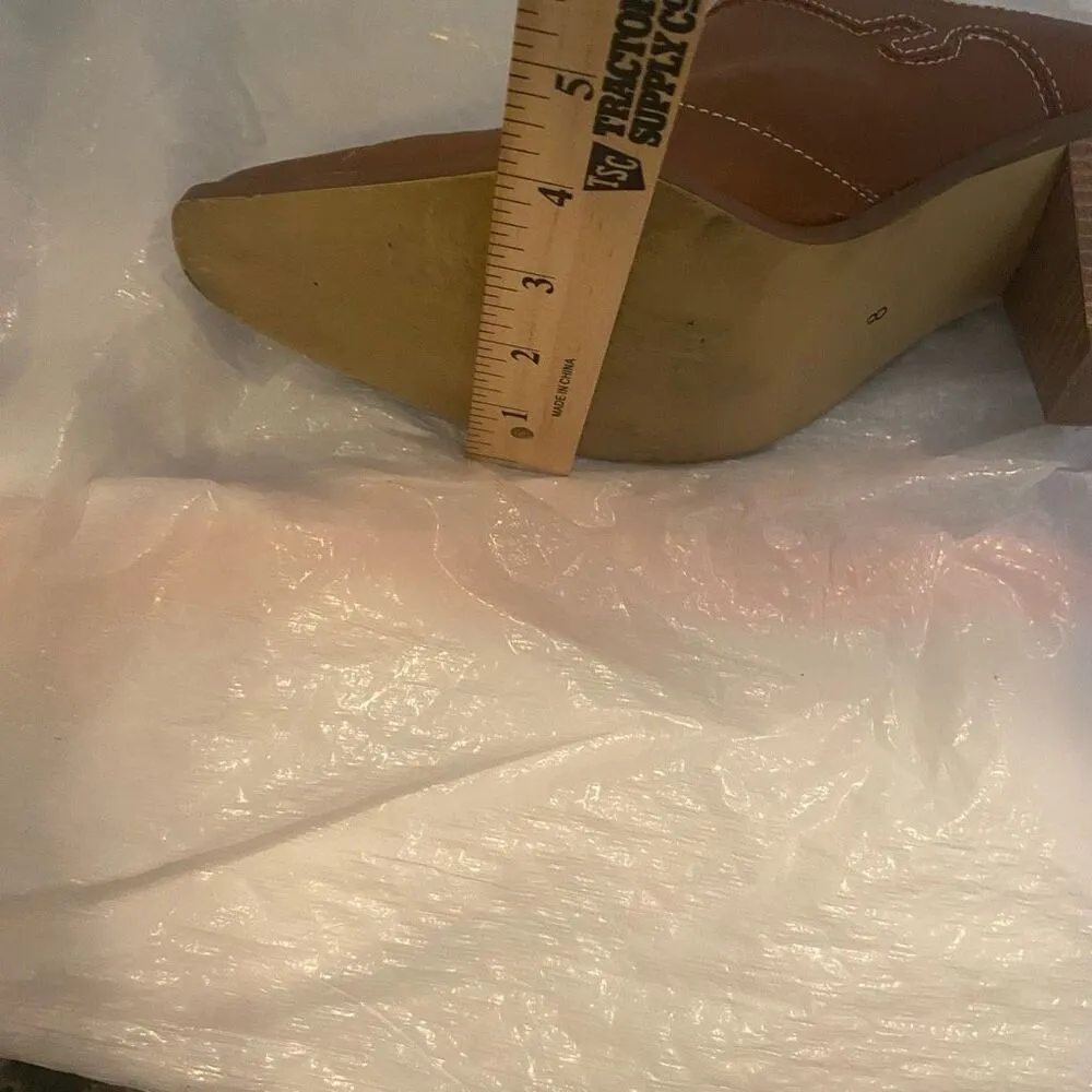 Leather Western Booties Clogs Mules 3 Inch Heels Brown Size‎ 8 Top Stitching Tan - Image 4