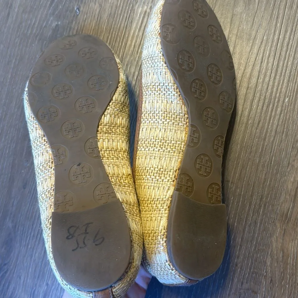 TORY BURCH Reva Ballet Flats Shoes Natural Woven Raffia Straw Beige size 8.5 M - Image 9