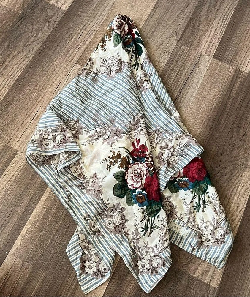 Club 7 Echo Women's 100% Silk Square Neck Scarf Stripe & Red Roses Print - Image 6