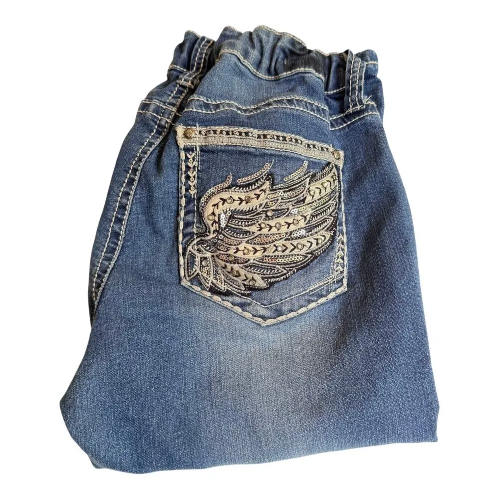Love Indigo Denim CAPRI JEANS Women's 10P Stretch Rhinestone Angel Wing Pockets Blue - Image 6