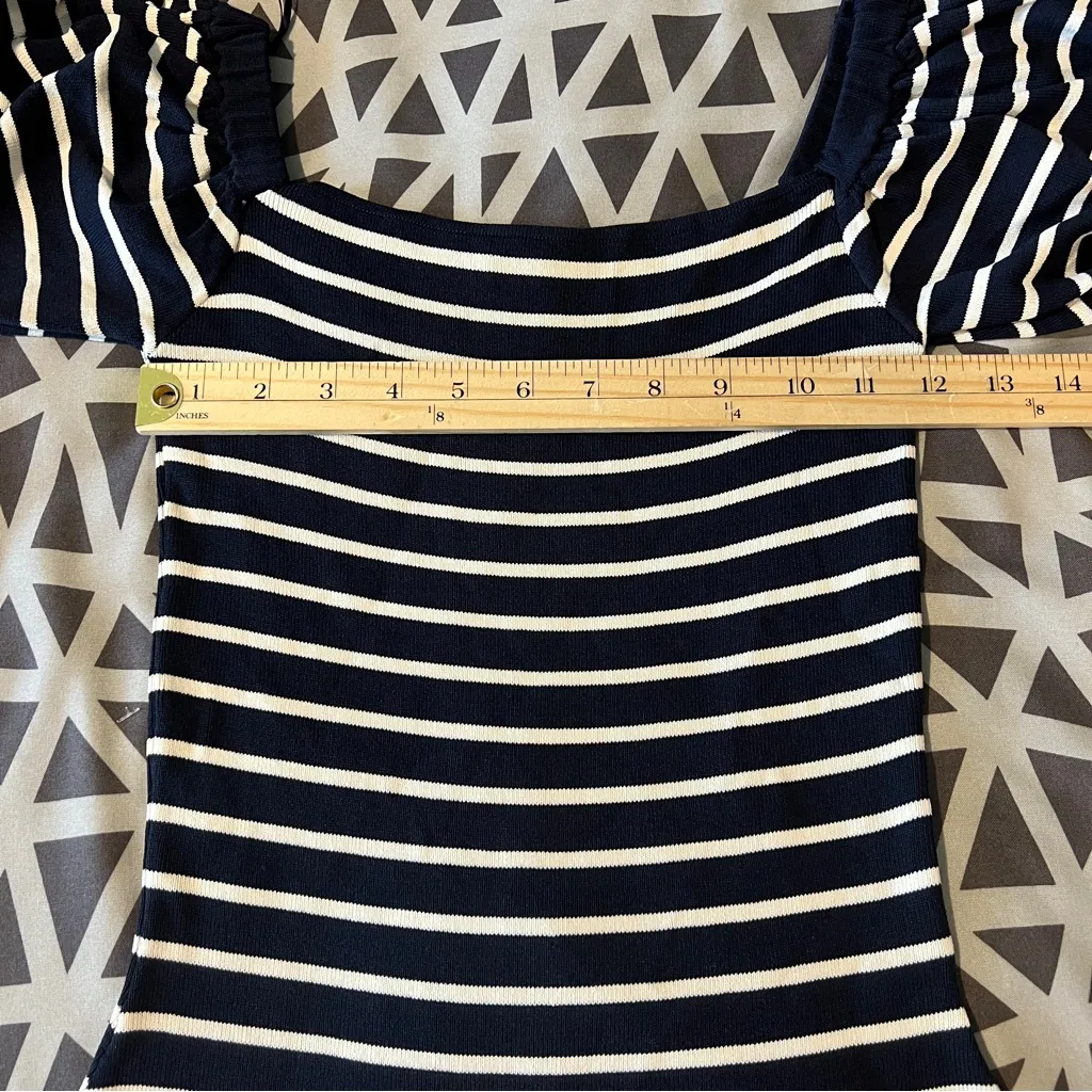 Zara Navy & White Striped Stretch Knit Puff Sleeve Fit & Flare Mini Dress Size M - Image 10