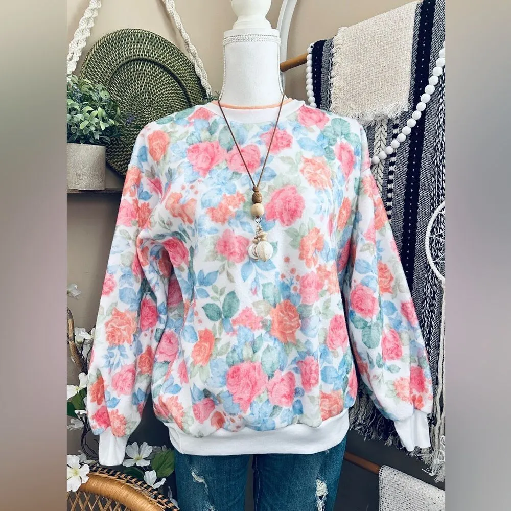 VTG Style Cottage Coquette Soft Fleece Texture Floral Double Crew Sweatshirt Size L - Image 6