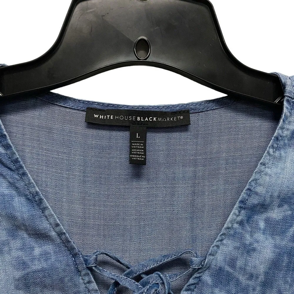 White House Black Market Womens Large Blue Tie Dye 3/4 Sleeve Lace Up Denim Top - Image 4