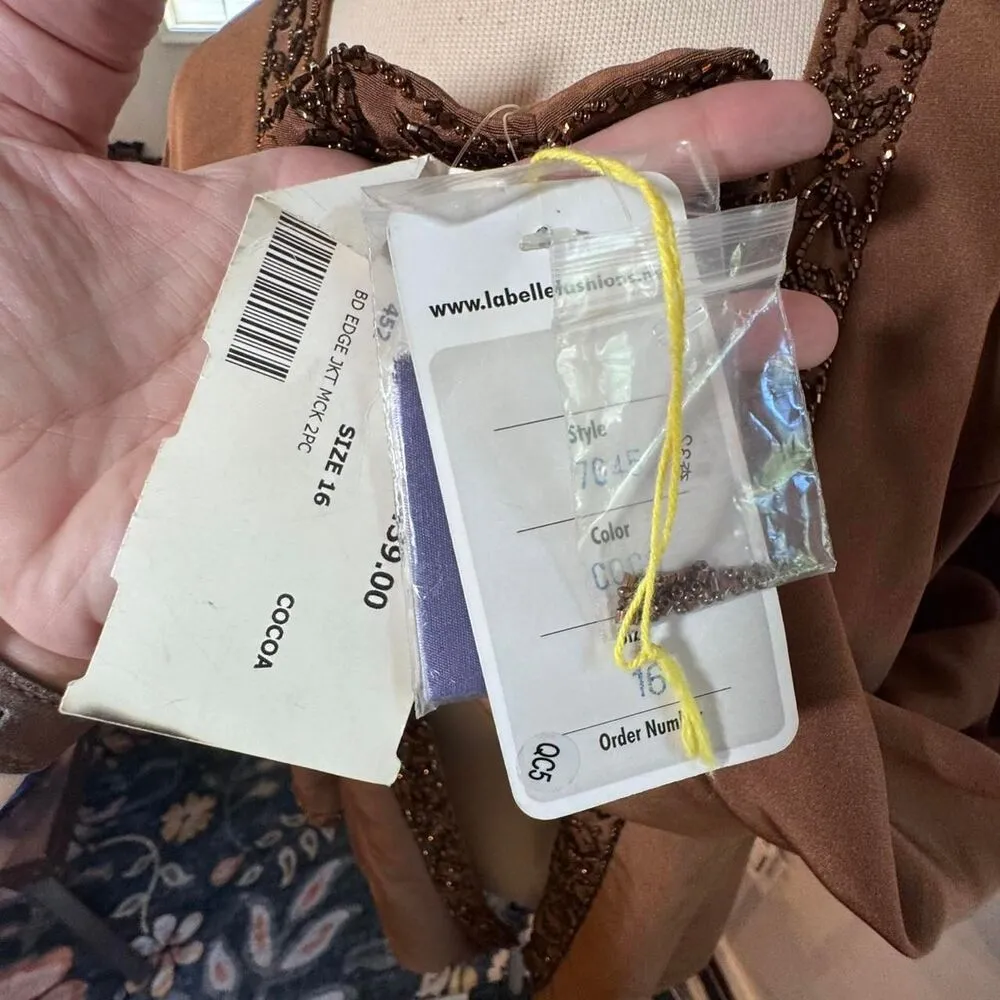 LaBelle Formal Open Front Long Sleeve Women's Brown Jacket with Beaded Trim Size 16 - Image 7