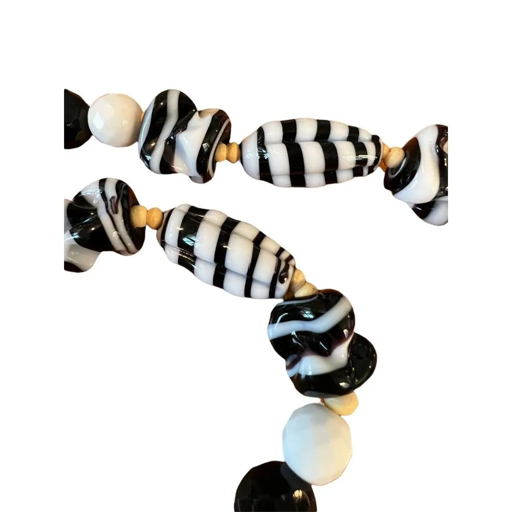 Vintage Long Glass Bead Necklace Black White Wood Milk Glass Cowrie Shells - Image 4