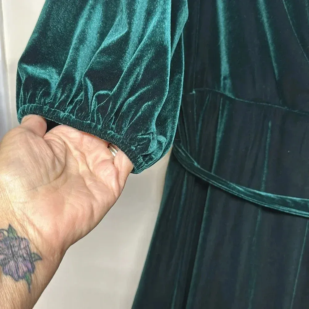 Womens Velvet Faux Wrap Midi Dress Size 16 Emerald Green Long Sleeve - Image 3
