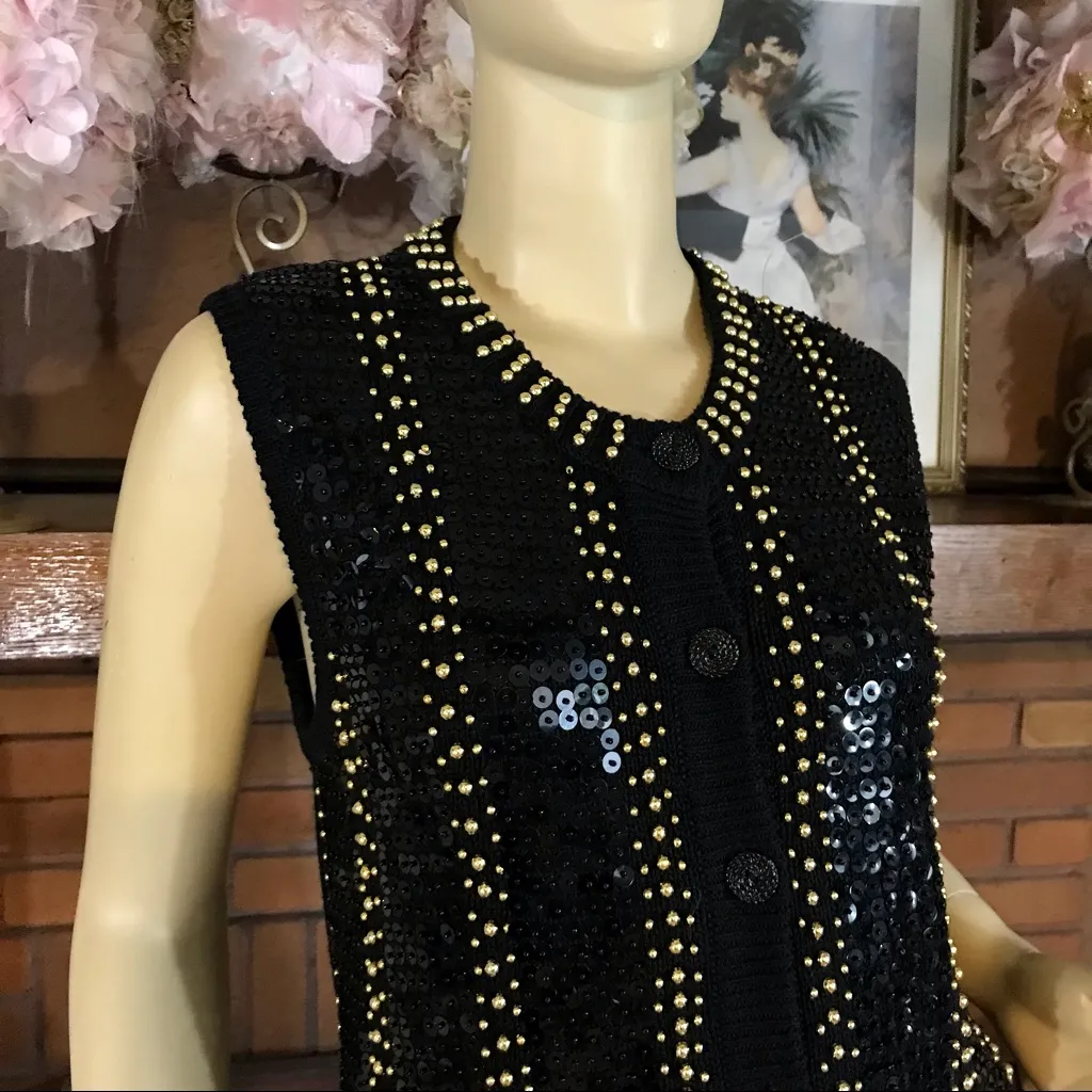 VINTAGE CIRCA 90'S WESTERN CONNECTION BLACK & GOLD SEQUIN KNIT SWEATER VEST (S) - Image 7