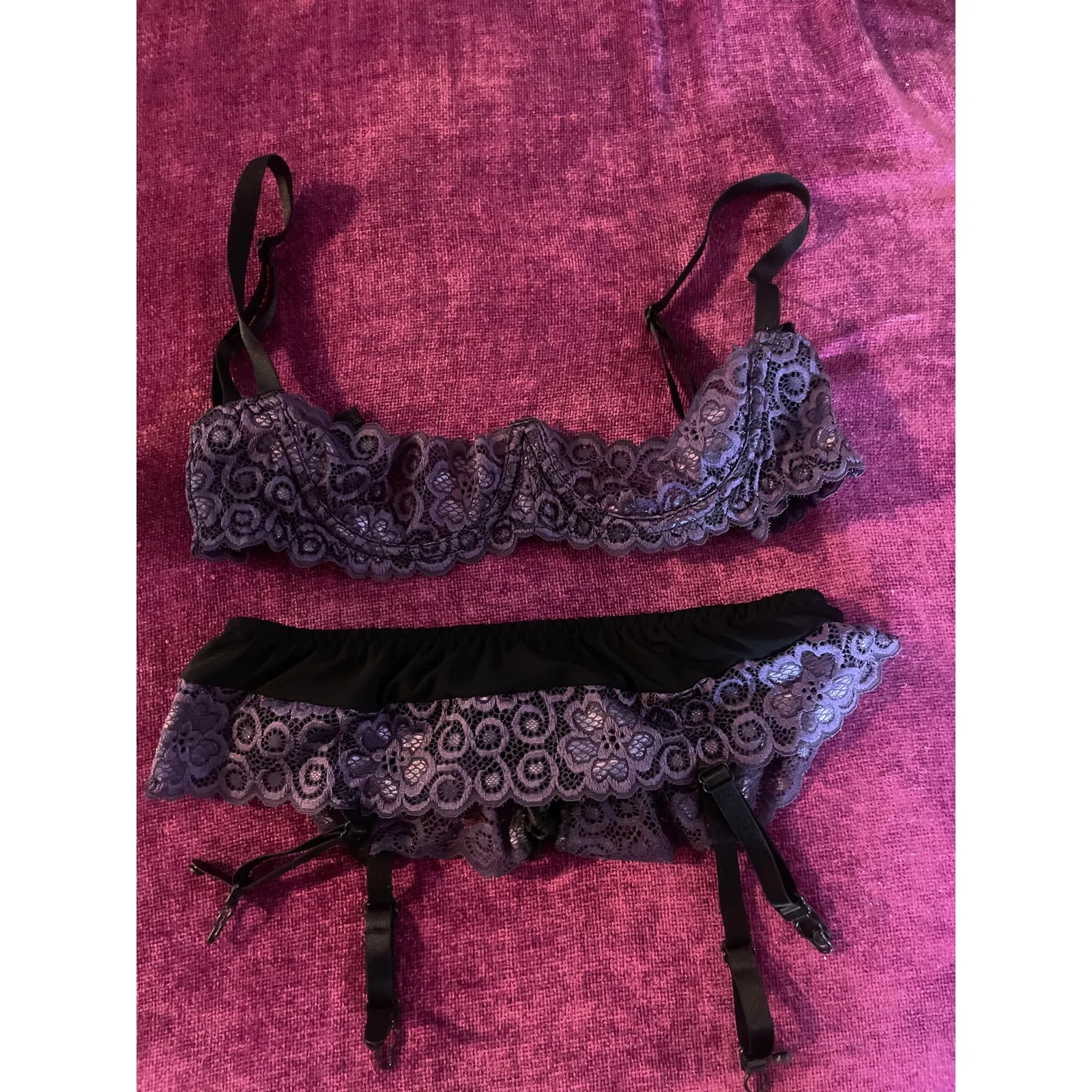 Vintage ESCANTE 2 pc lingerie set balconette bra garter belt purple lace small s - Image 7