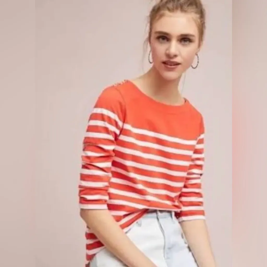 Maeve by Anthropologie Bonnie Striped Boatneck Button Detail Tee‎ Shirt Sz Small - Image 4