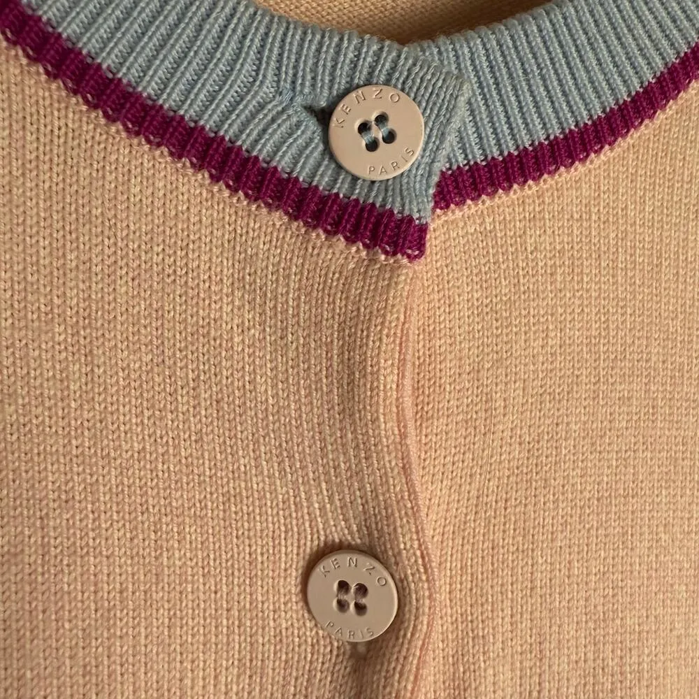 Kenzo Tiger Patch Pink Gray Colorblock Wool Cardigan Sweater Size Small - Image 9