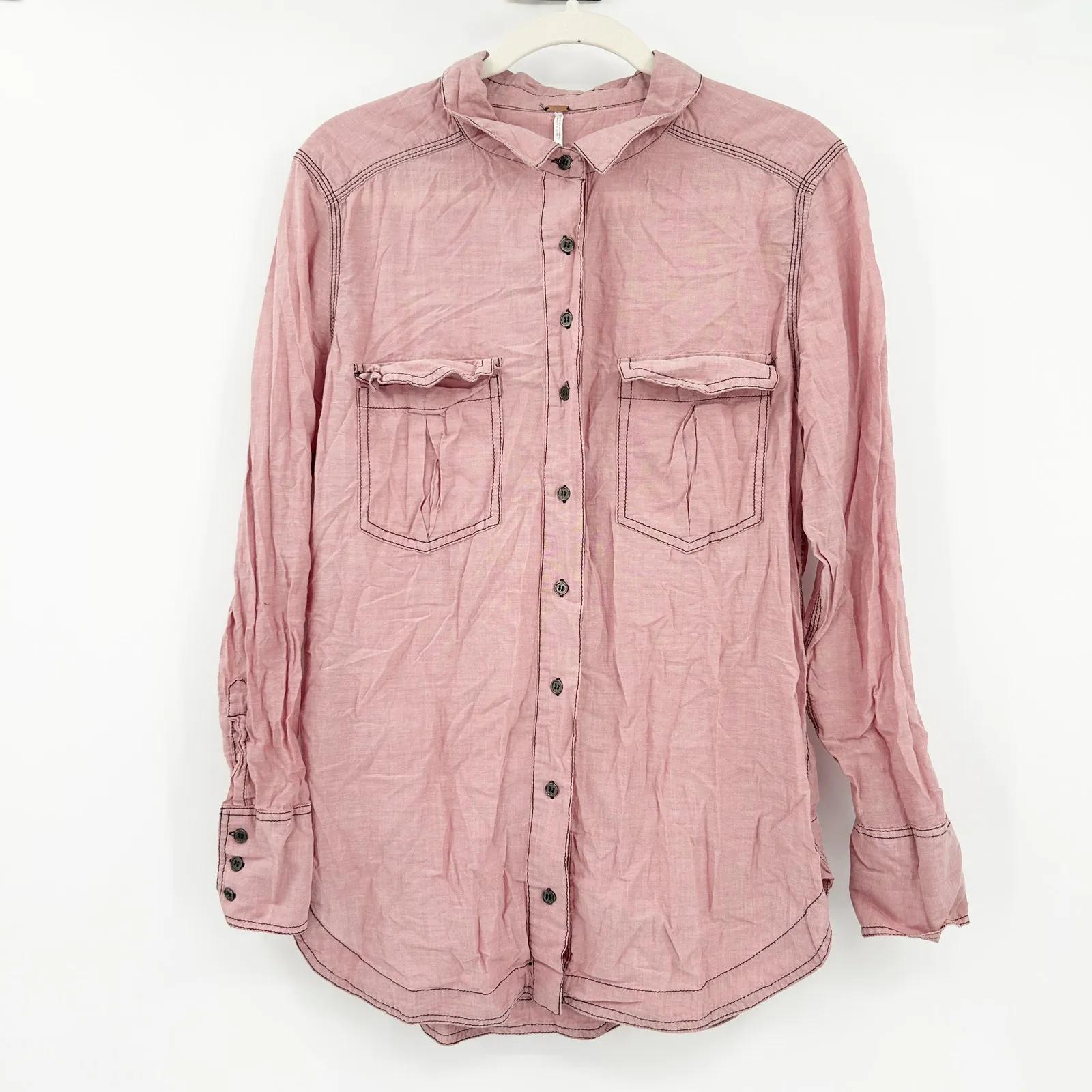 Free People FP Womens Last Chance Chambray Long Sleeve Button‎ Up Shirt Size M - Image 3