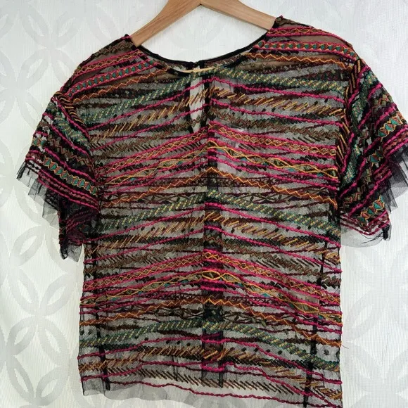 Anthropologie Maeve Naples Embroidered‎ Mesh Sheer Blouse  Size XS NWT - Image 3
