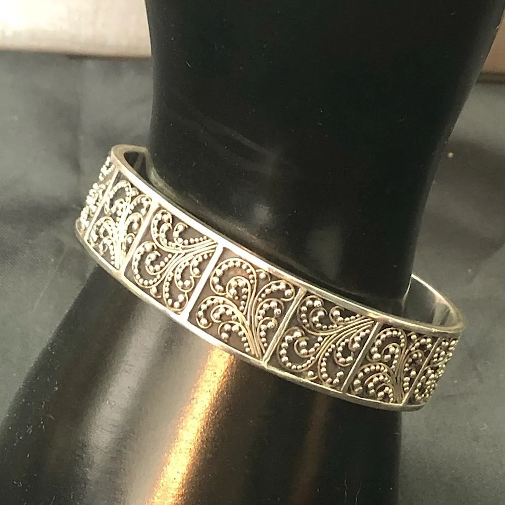 Sterling Silver Granulated Oxidized Scroll Cuff Bracelet Vintage - Image 3