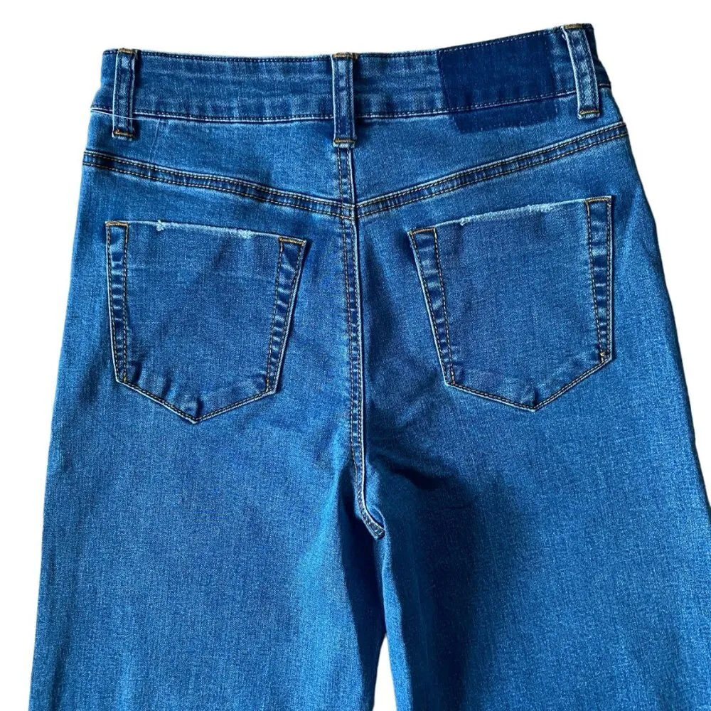 Forever 21 small denim pant/long wide leg frayed hem medium wash button zip - Image 6