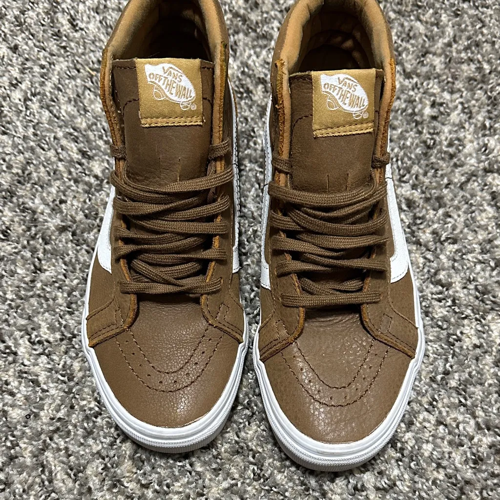 Vans Brown and White High-Top Leather Sneakers - Image 2
