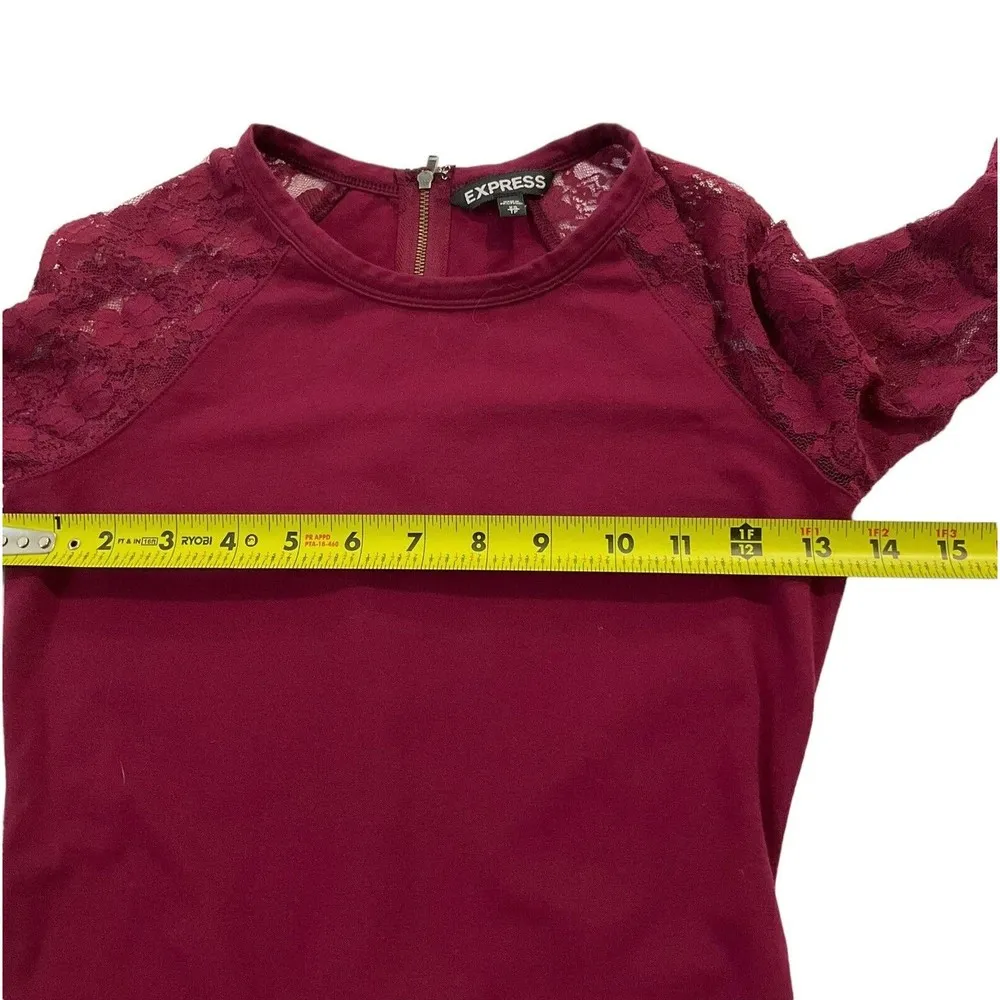 EXPRESS Women Size XS Maroon Bodycon Mini Dress Lace Sleeve 15-148 - Image 5
