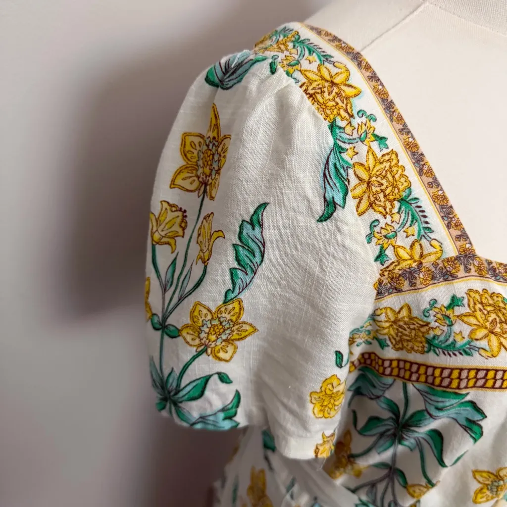 Draper James Dress Floral Linen Blend Square Neckline Lined Prairie Yellow Green - Image 3