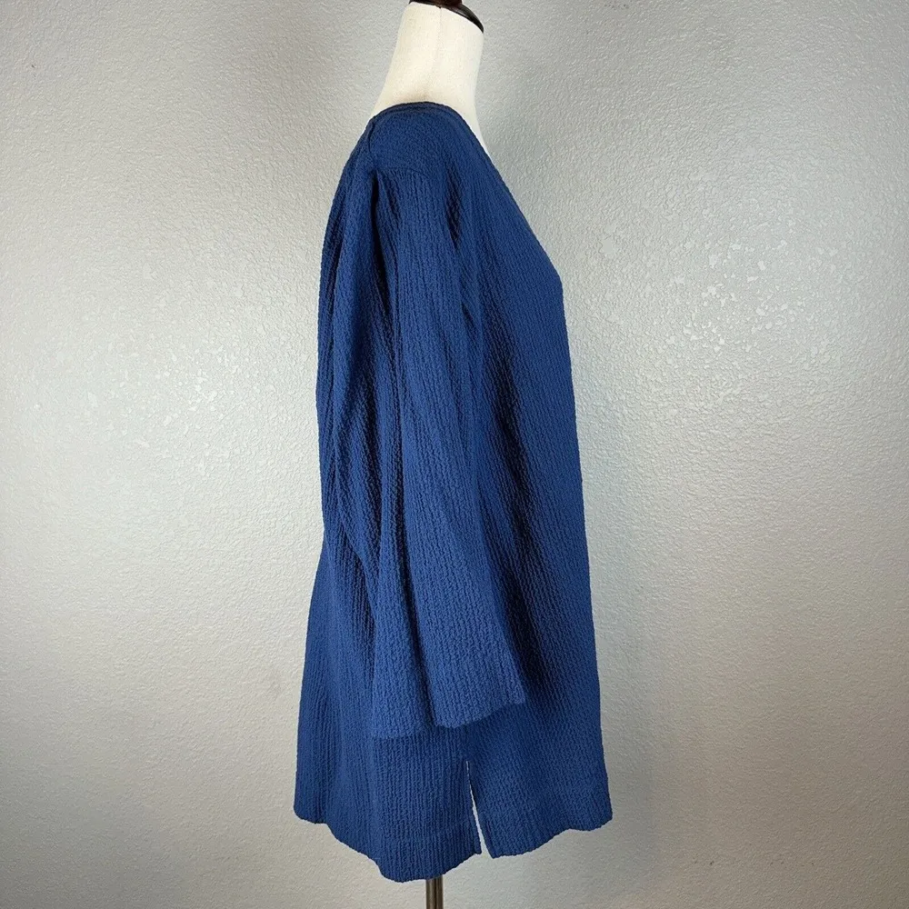 Soft Surroundings V-Neck Tunic Top 1X Plus Size Blue Crinkle Gauze 3/4 Sleeve - Image 5