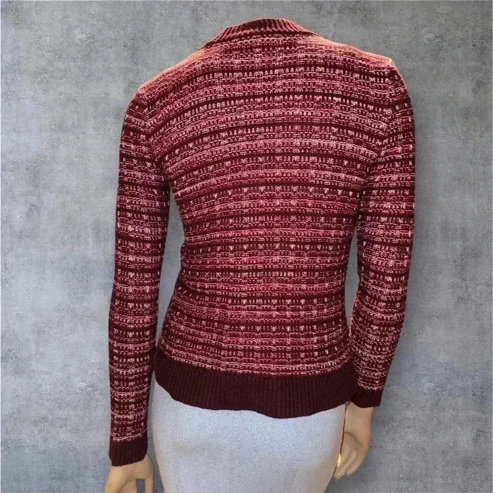women’s Textured Knitted Striped V-neck Wedge burgundy Cardigan sz SP - Image 5