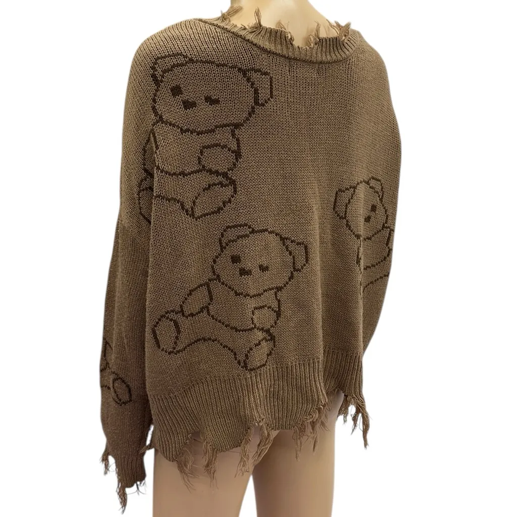 Just Polly Y2K Grunge Distressed Teddy Bear Sweater Brown Knit Womens Large - Image 7