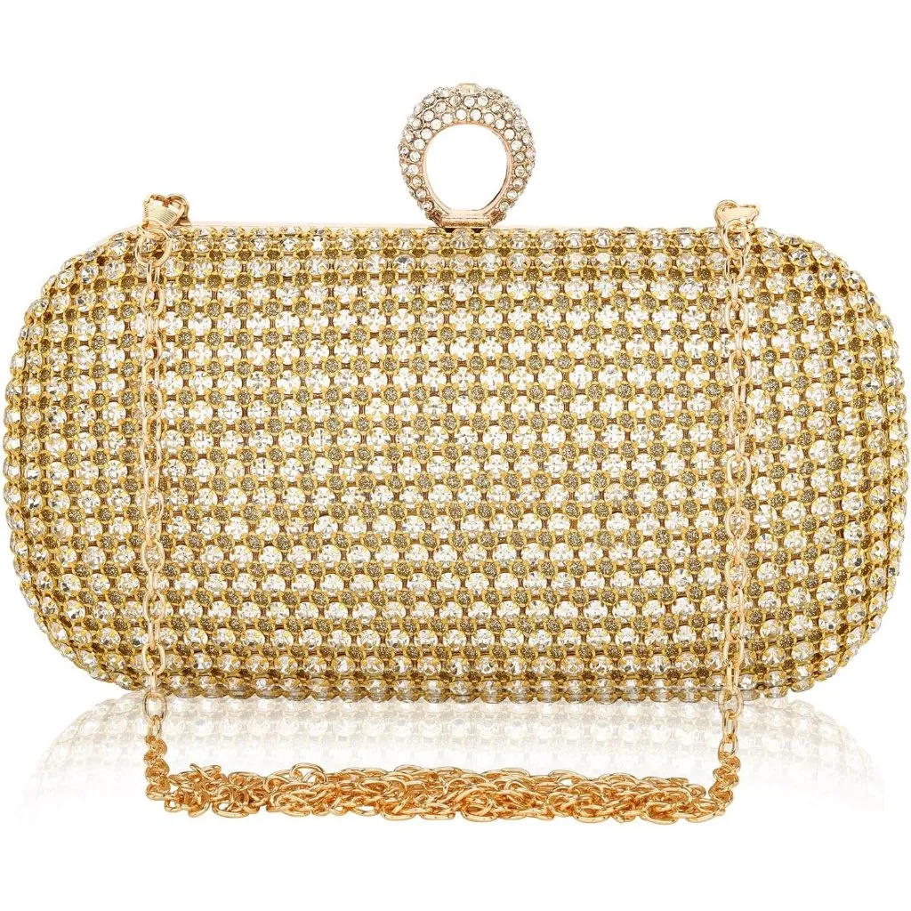 ⚡ Women's Rhinestone Evening Sparkly Glitter Crystal Ring Clasp Gold Clutch Bag - Image 7