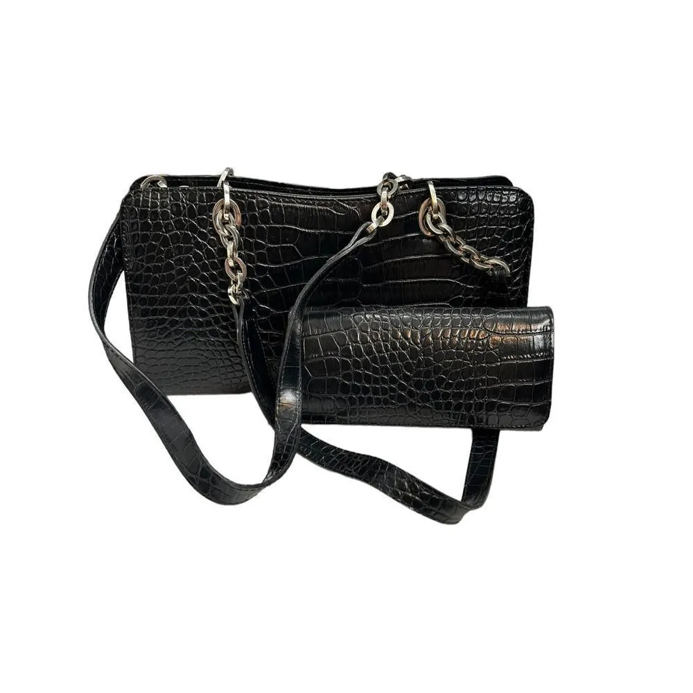 Alligator black printed faux leather shoulder handbag and matching long wallet - Image 3