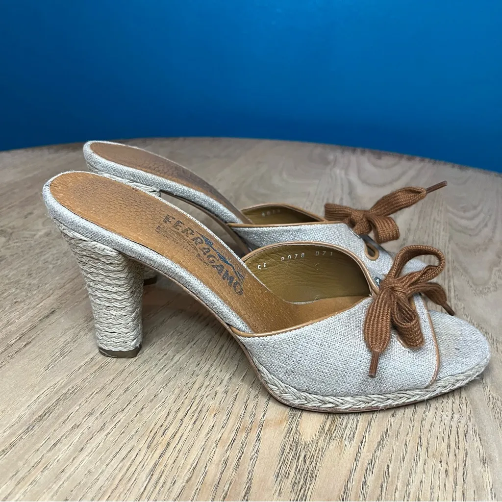 Salvatore Ferragamo Linen Bow Heeled Mule Neutral Beige Womens Size 7.5 - Image 2