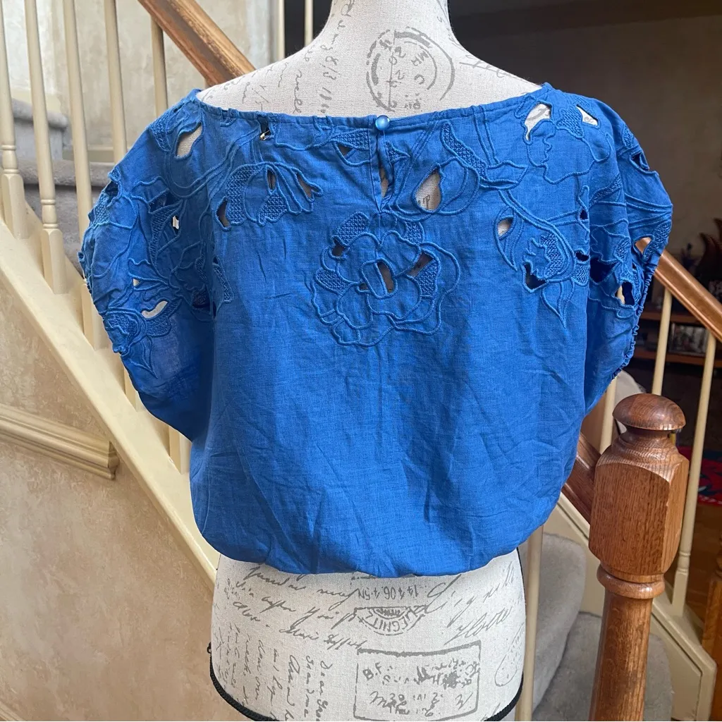 Rachel Roy Linen Blend Eyelet Laser Floral Cutout Top Blue - Image 6