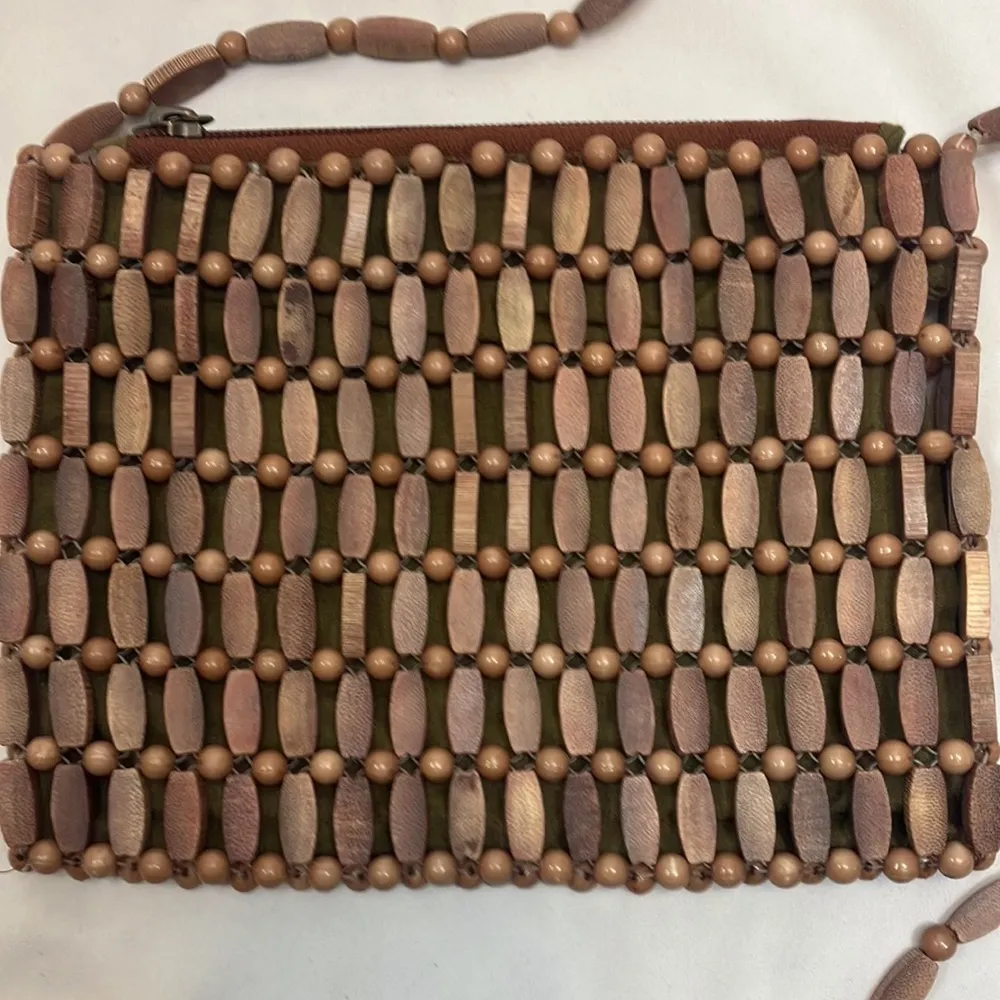 Wood Beaded mini clutch bag with beaded strap Brown - Image 2