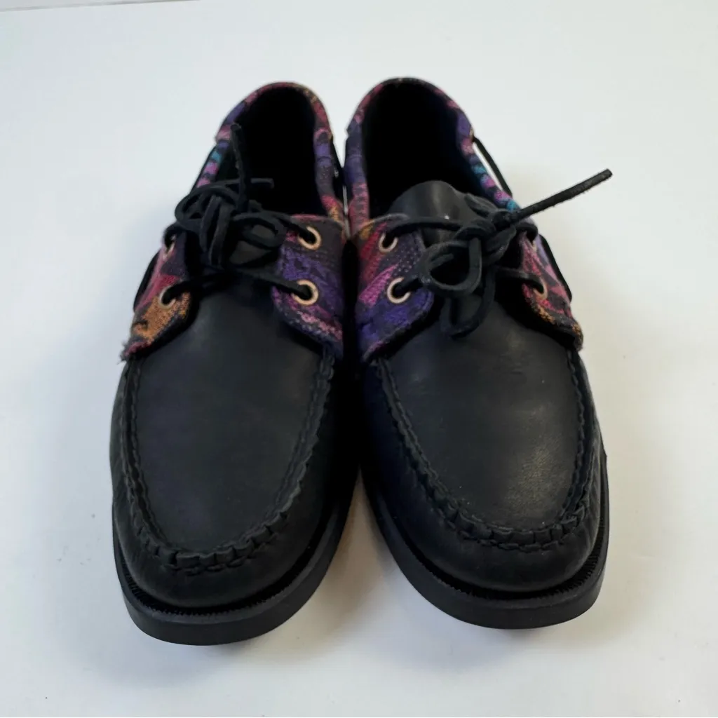 Sebago Spinnaker Black Tribal Leather Boat Shoes Size 8 Nautical Preppy Aztec - Image 3