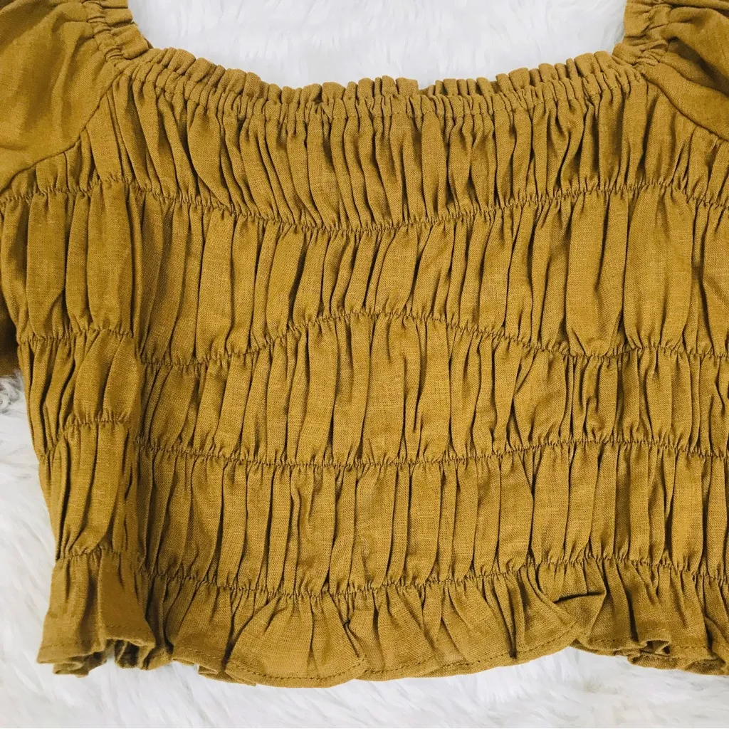 A LOVES A Cropped Peasant Top Mustard Brown Smocked Long‎ Sleeve Linen Size XS - Image 6