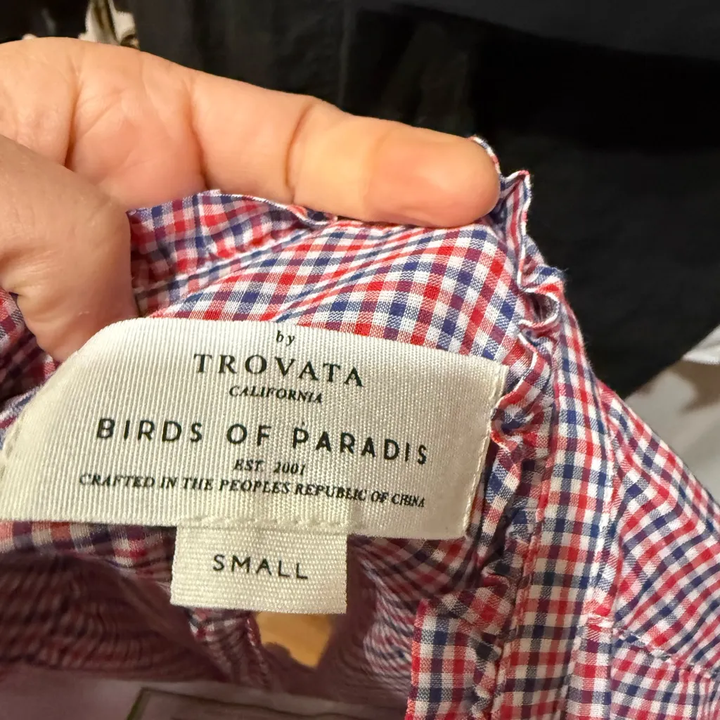 TROVATA Birds of Paradis red white gingham ruffle high neck button down blouse Blue - Image 4