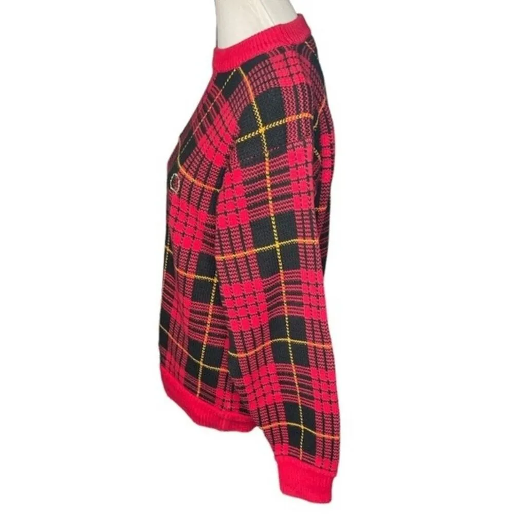 Tommy Hilfiger Vintage Tartan Plaid Knit Sweater 100% Cotton Red Size Medium - Image 4