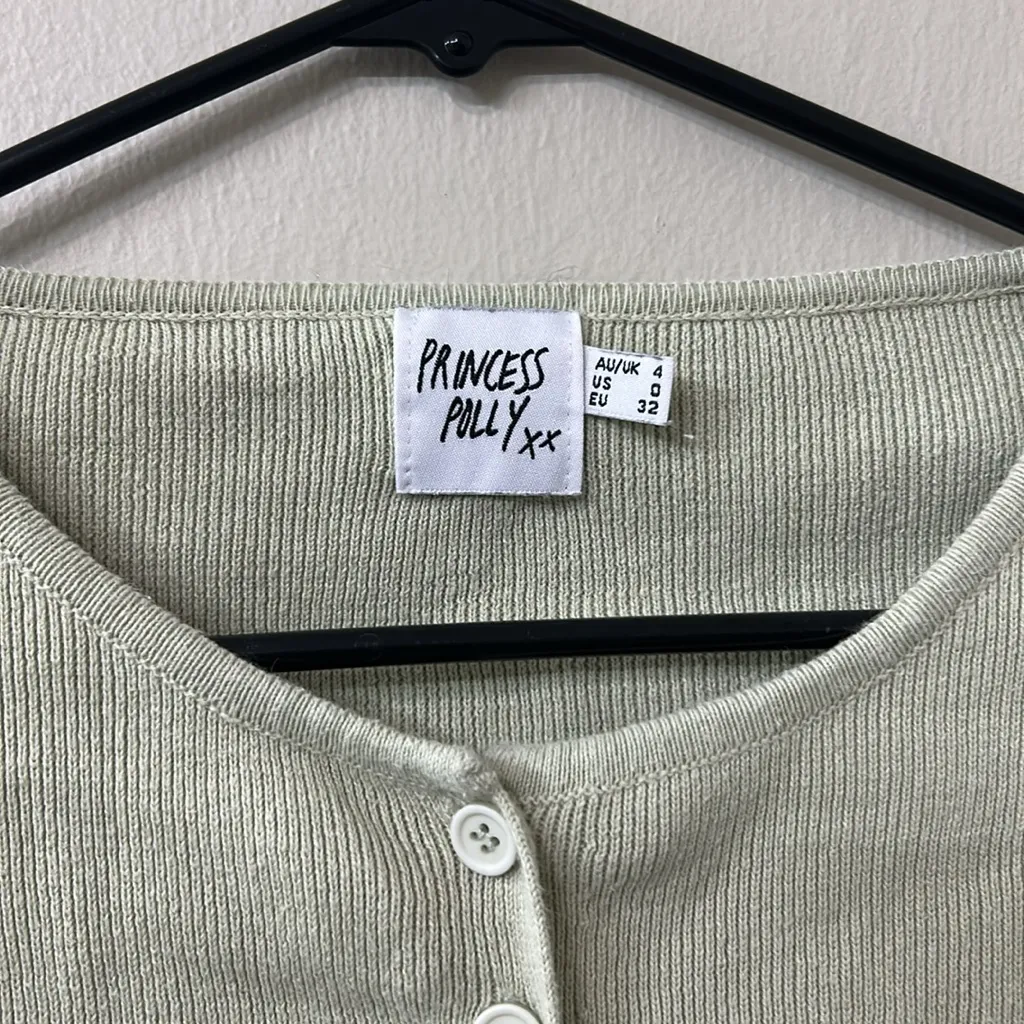 Princess Polly The Michael Top Cropped Sweater Ribbed Button Up Lime Sage Green - Image 3