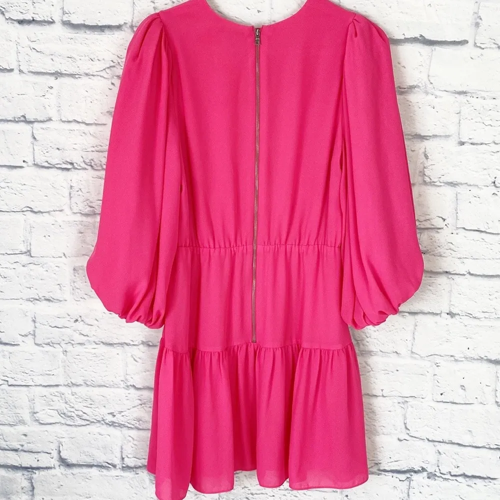 Alice + Olivia Shayla hot pink pleated sleeve tiered mini dress 8 - Image 4
