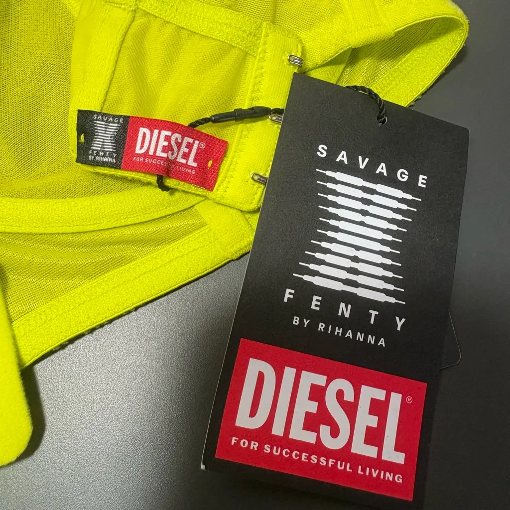 DIESEL X SAVAGE X FENTY Neon Yellow Suspender Bustier Bra in Foiled Fishnet - Image 7