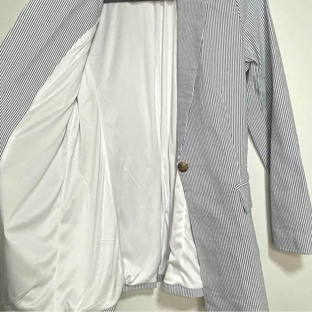 Joie  Seersucker Blue, White Stripe Single Button Longline Blazer L - Image 7