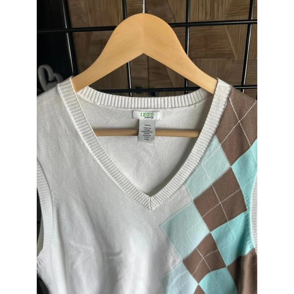 Izod XFG Womens Sweater Vest Sz Large White Argyle V Neck Preppy - Image 2
