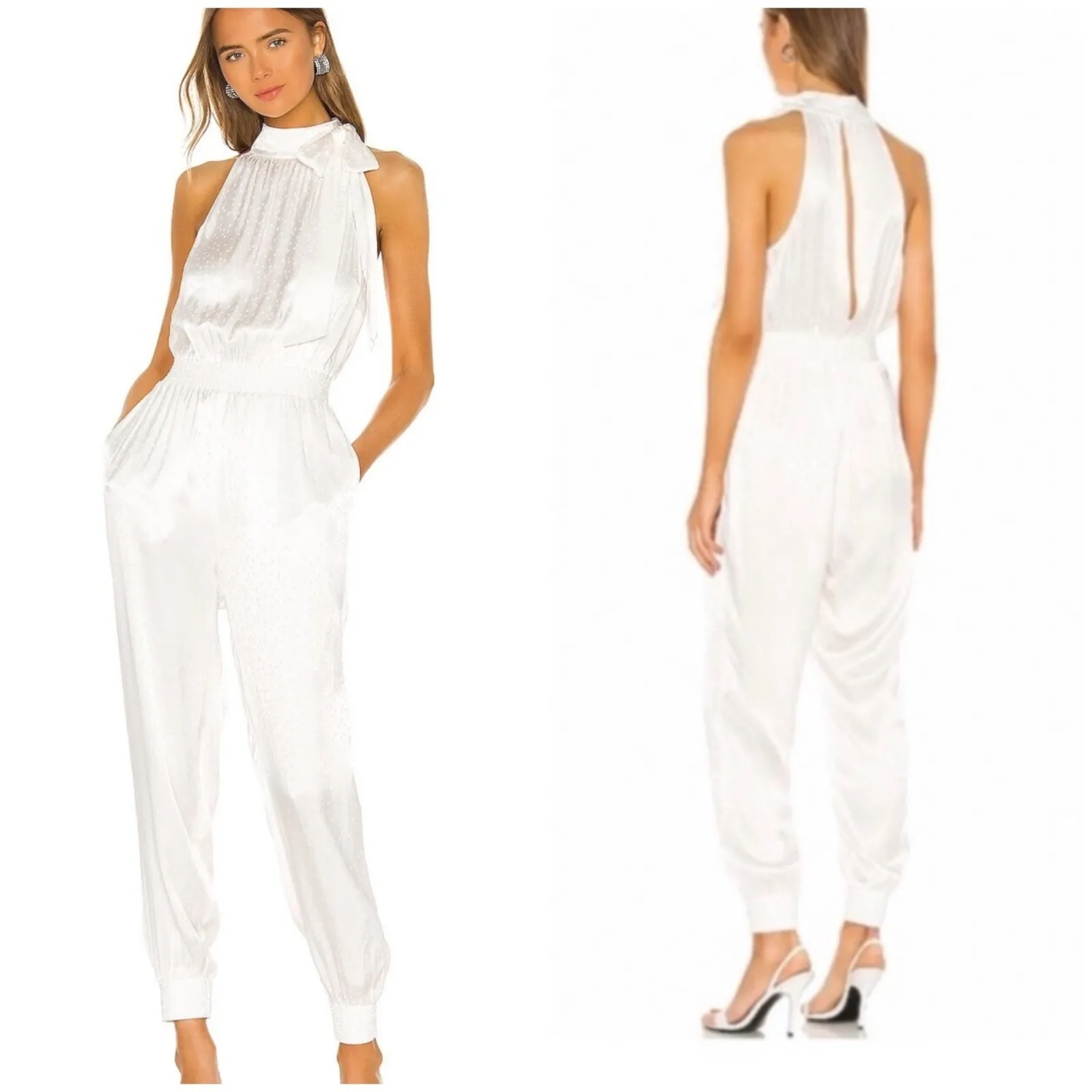 Cinq a Sept White Satin Halter Satin Jumpsuit Xs White Tie Neck Star Jacquard - Image 2