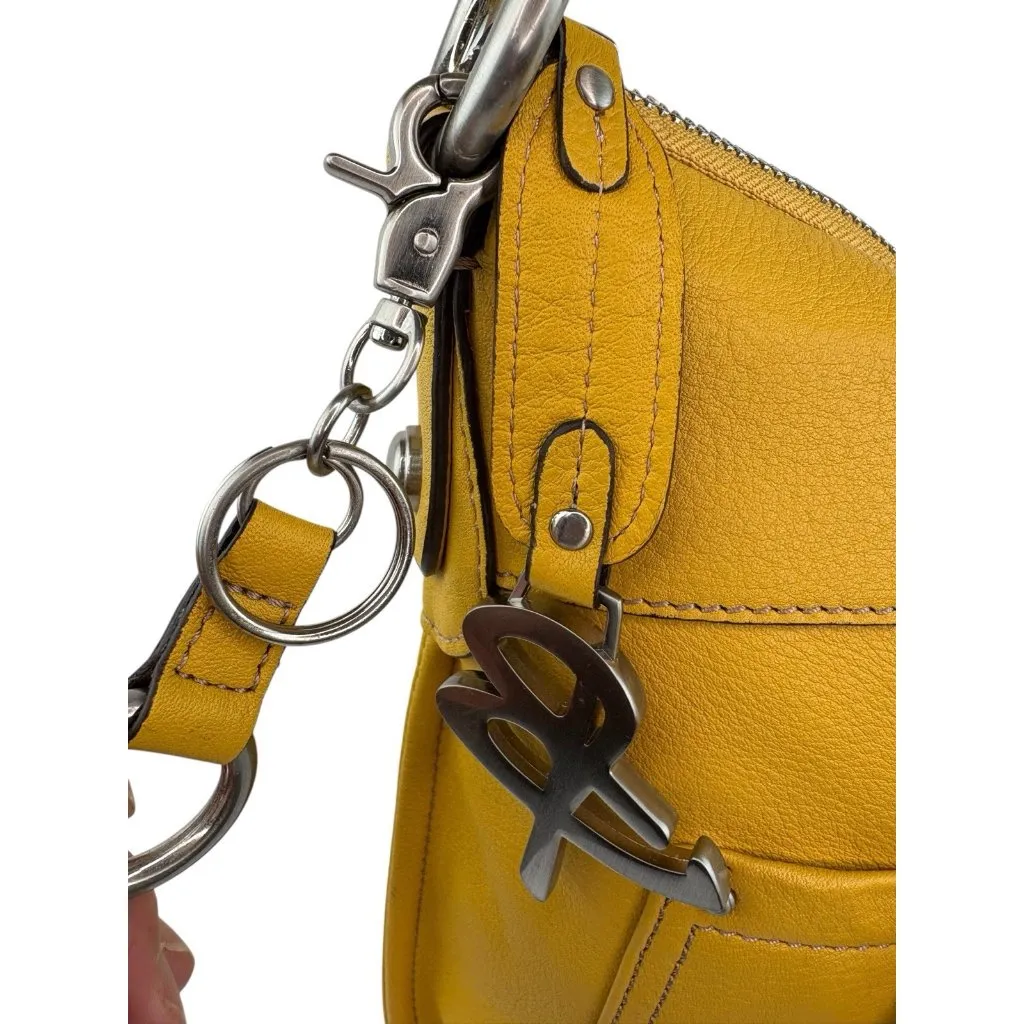 B. Makowsky Leather Shoulder Bag Purse Yellow Pebbled Quiet Luxury Leopard Lined - Image 6