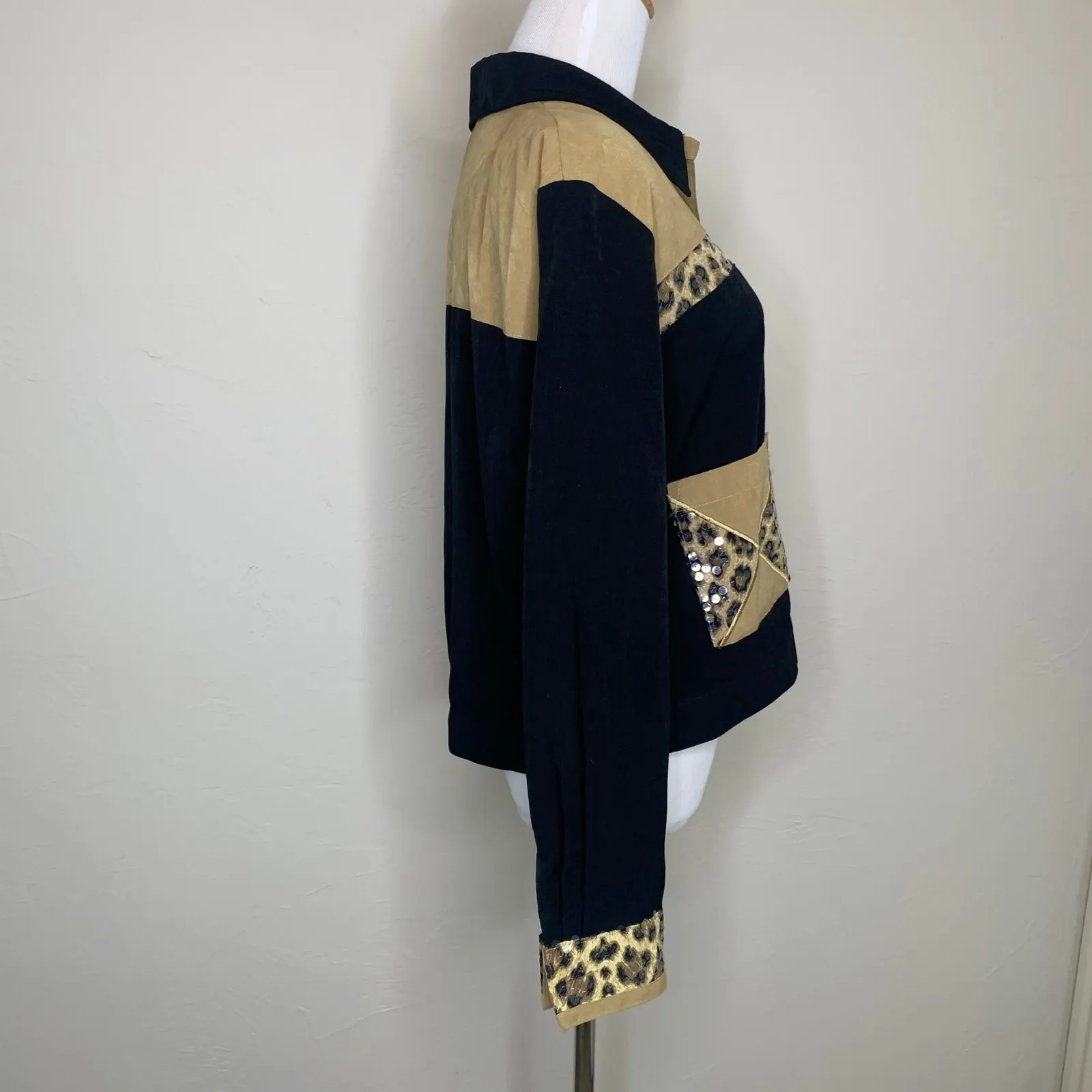 Vintage Cropped Shacket Cheetah Leopard Sequin Colorblock sz Medium Brown - Image 4