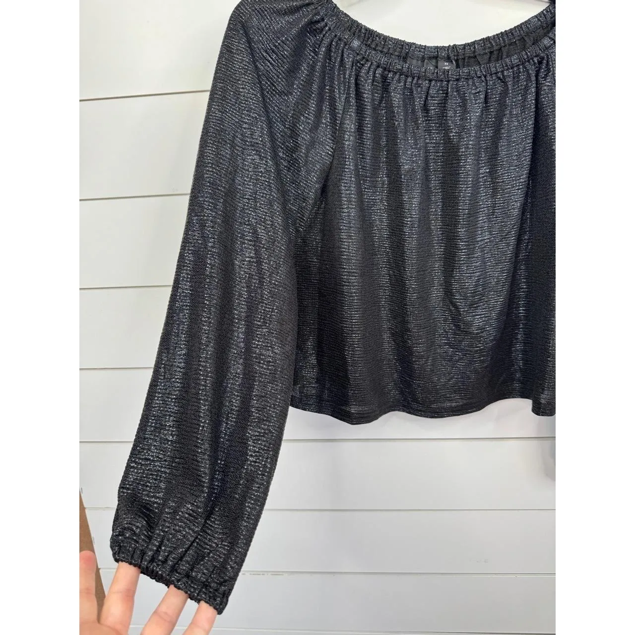 HALOGEN Womens Size XS Black Shimmer Long Sleeve Off The Shoulder Top NWOT - Image 4