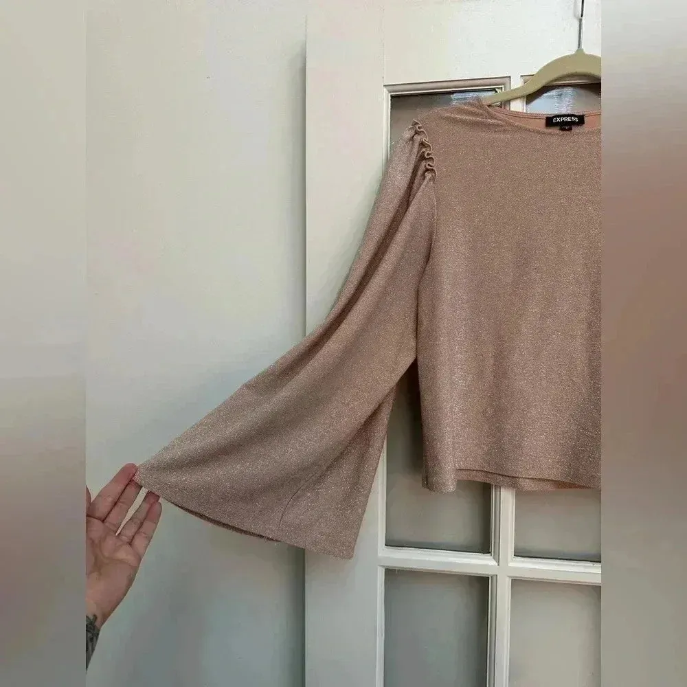 Express | Y2K Blush Pink Ruffle Metallic Sparkle Shimmer Blouse Size S Small - Image 4