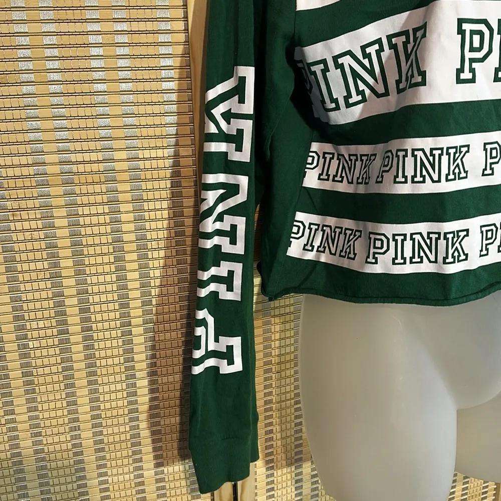 PINK Victoria's Secret Cropped Green White Long Sleeved Tee Shirt Medium - Image 6