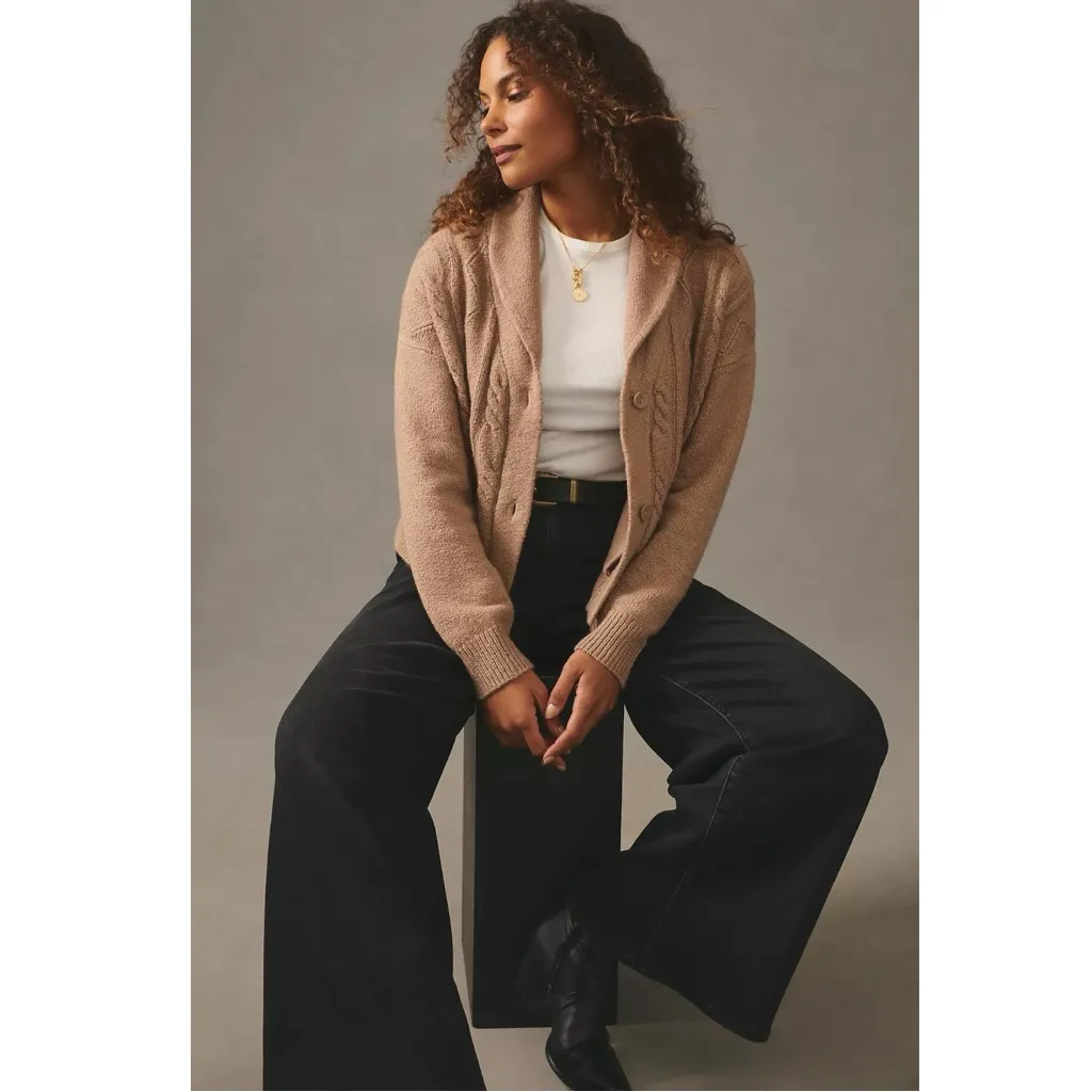 Pilcro Cropped & Collared Cable-Knit Cardigan Sweater Size 1X Tan Neutral - Image 6