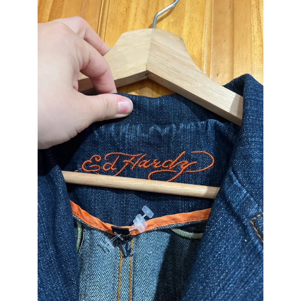 Y2K Ed Hardy AOP Embroidered Floral Skull Western Denim Duster Jacket XL - Image 3