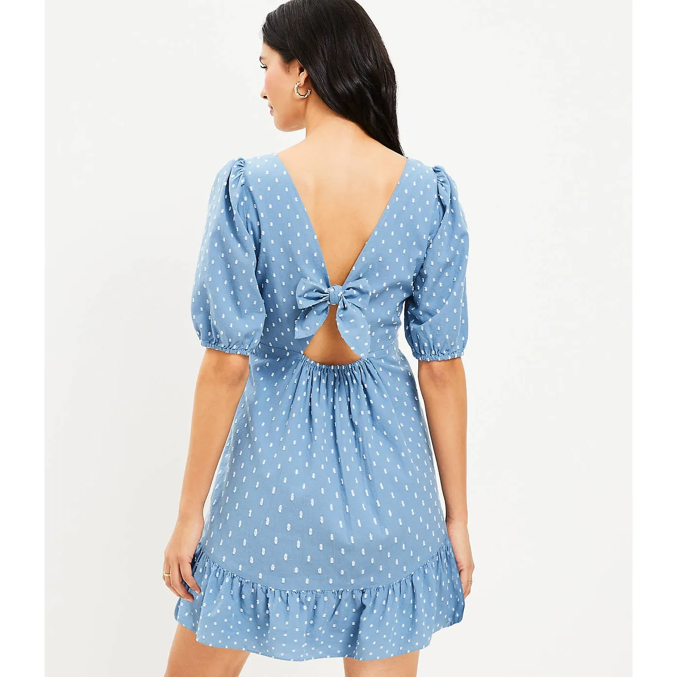 Loft Poolside Blue Swiss Dot Clip Tie Back Flounce Swing Dress Size 0 NWT - Image 4