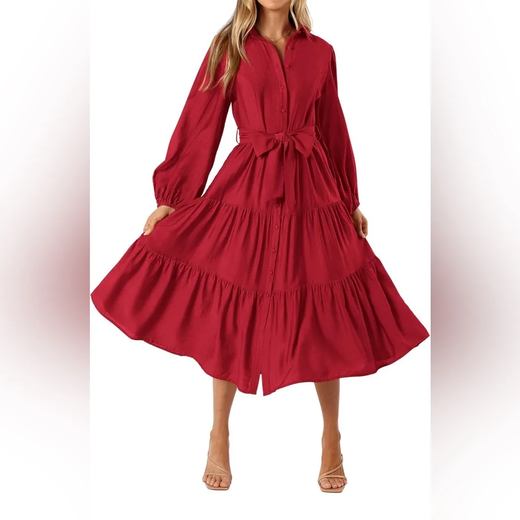 NEW Red Long Sleeve V Neck Button Down Tiered Flowy Aline Midi Dress L NO BELT Size L - Image 4