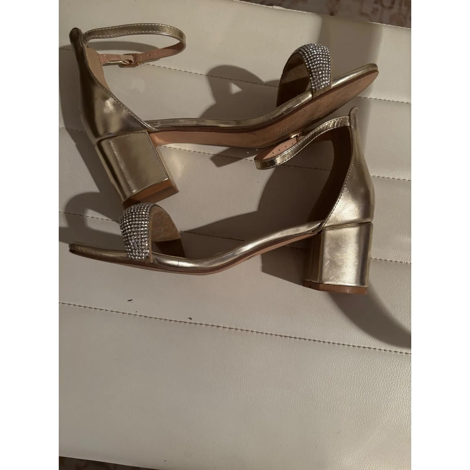 Amoji Womens Gold Rhinestone Block Heel Ankle Strap Sandals Size 37 US 6.5 - Image 5